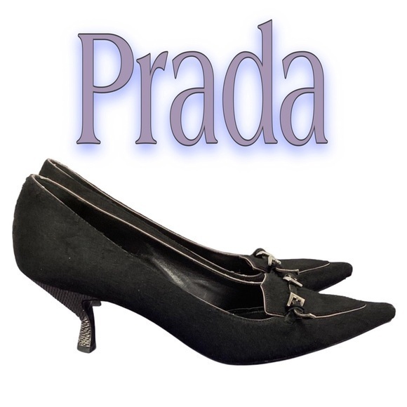 PRADA - Black Buckle Pointed Toe Pony Hair Low Heel Kitten Pumps Sz 40.5 US 10.5 - Picture 1 of 10